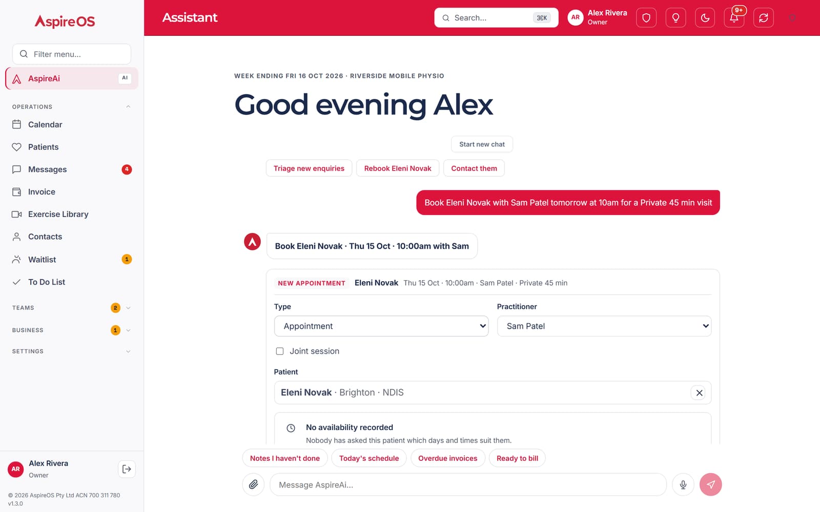 AspireAi in the chat: asked to book a patient with Sam Patel tomorrow at 10am, it finds the slot and opens the booking form in the chat with the patient filled in.