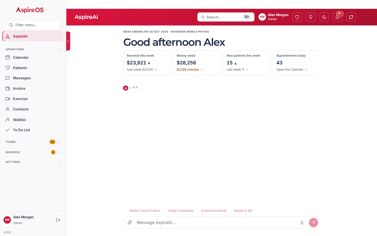AspireAi's opening screen: a greeting and four numbers for the week — revenue, money owed, new patients and appointments today — above the message box.