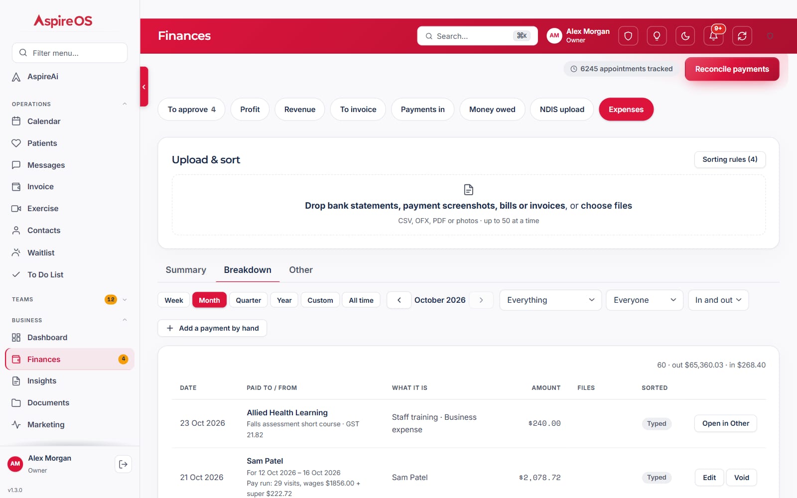 Finances › Expenses: a drop area for bank statements, bills and payslips, and the month's payments listed with who was paid, what for and how each was sorted.