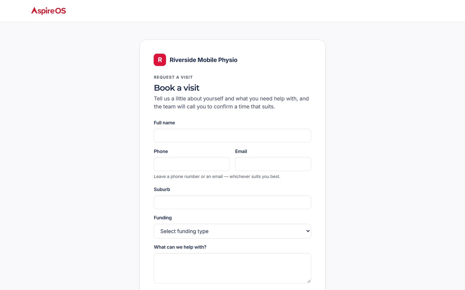 The practice's public booking request form: name, phone, email, suburb, funding and what the patient needs help with.