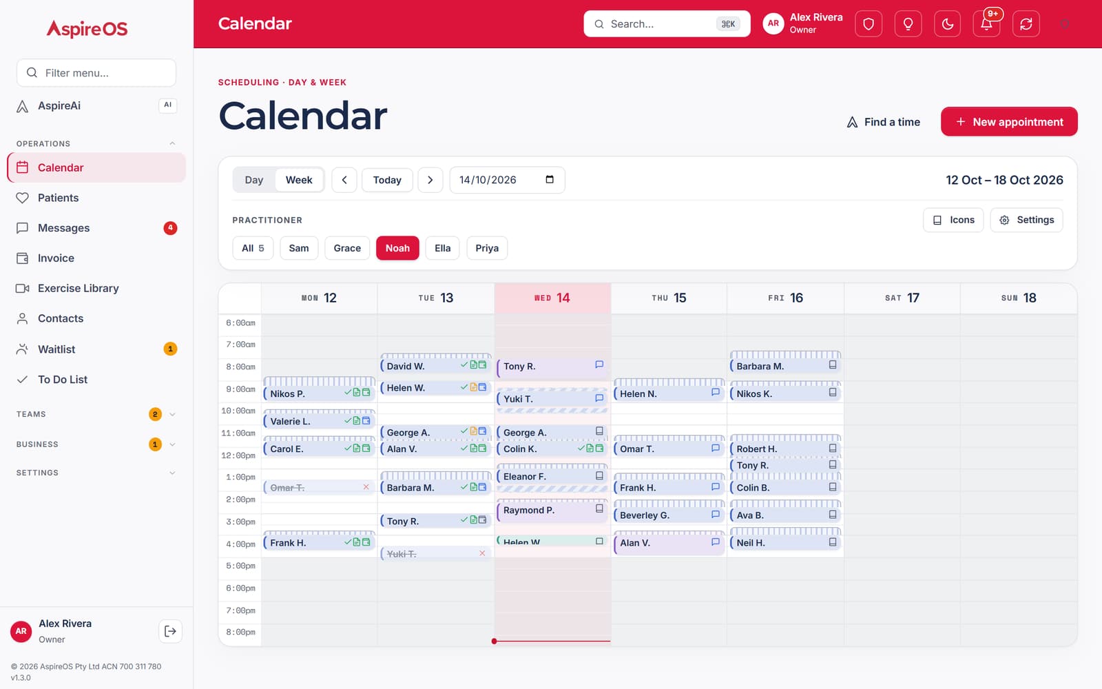 The AspireOS calendar in week view for one practitioner, with home visits booked Monday to Friday and note and invoice status on each.
