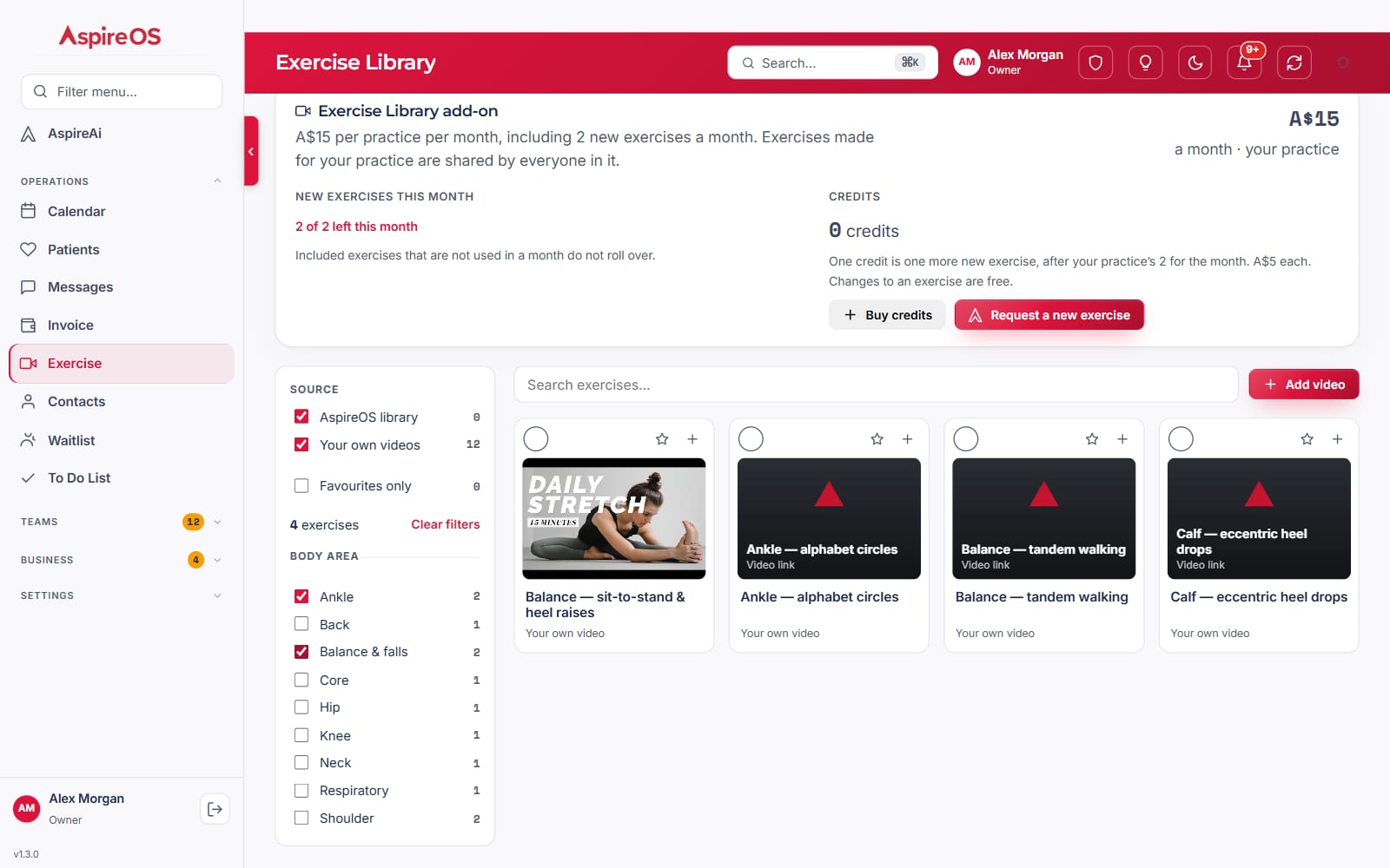 The Exercise Library filtered by body area: Ankle and Balance & falls ticked, the grid narrowed to the matching exercises, with a Clear filters link.