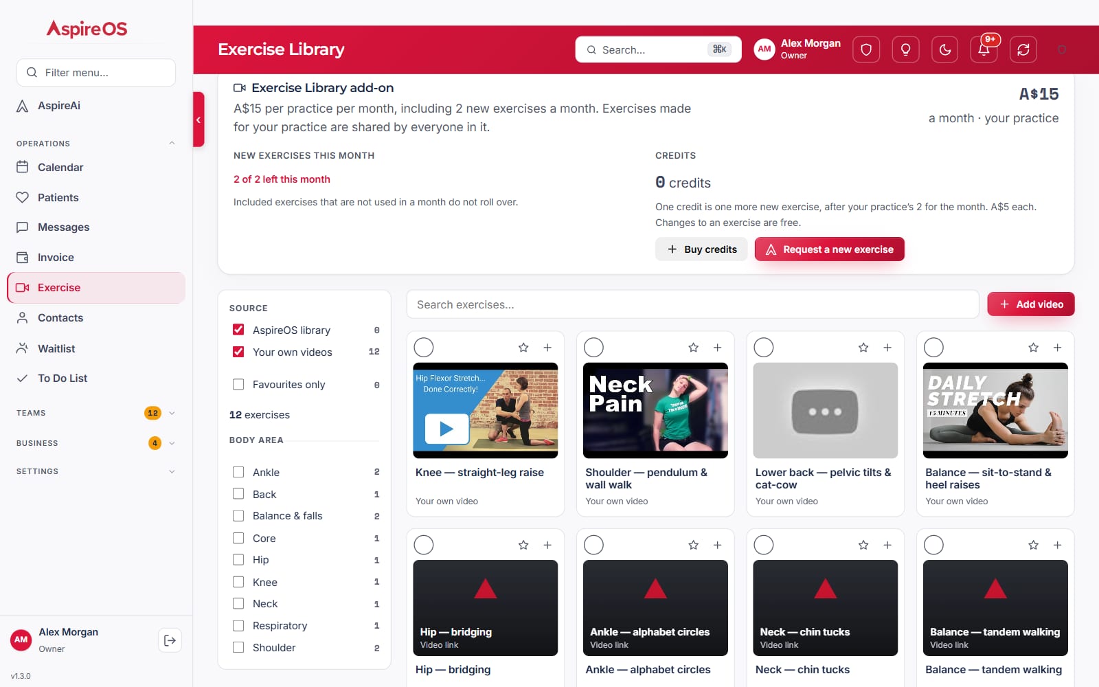 The Exercise Library: the add-on panel with the new exercises left this month and credits, above a grid of exercise videos with source and body-area filters.