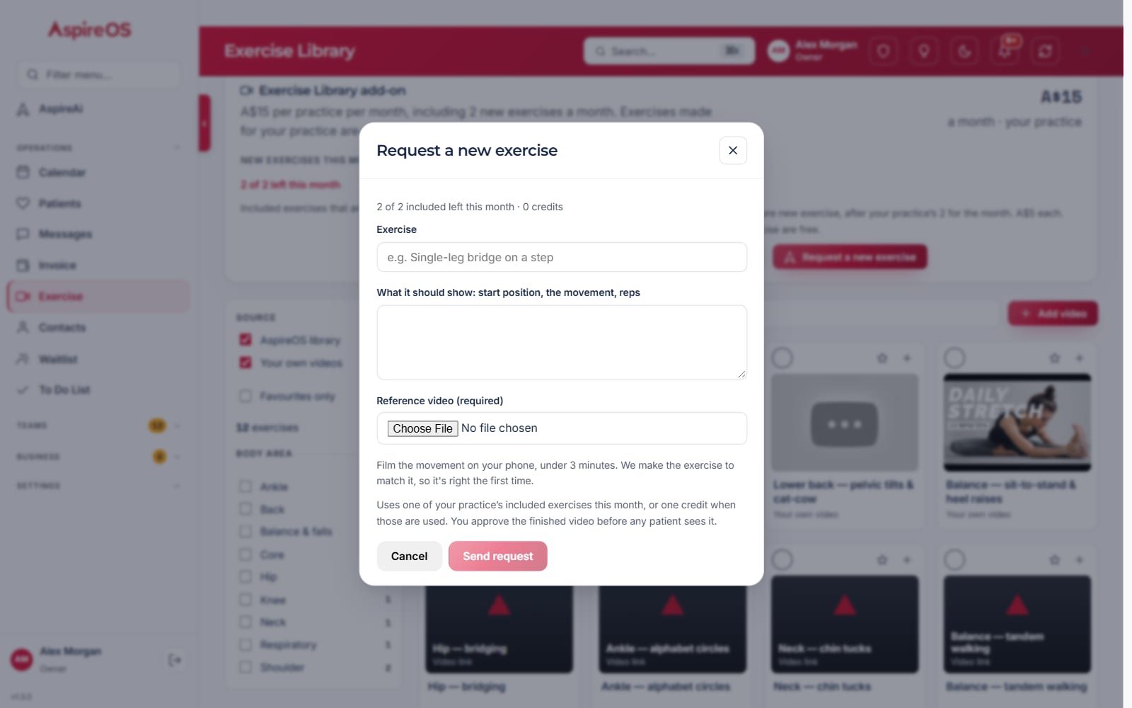 The Request a new exercise form: the exercise name, what it should show, a reference video, and a note on the included exercises and credits.