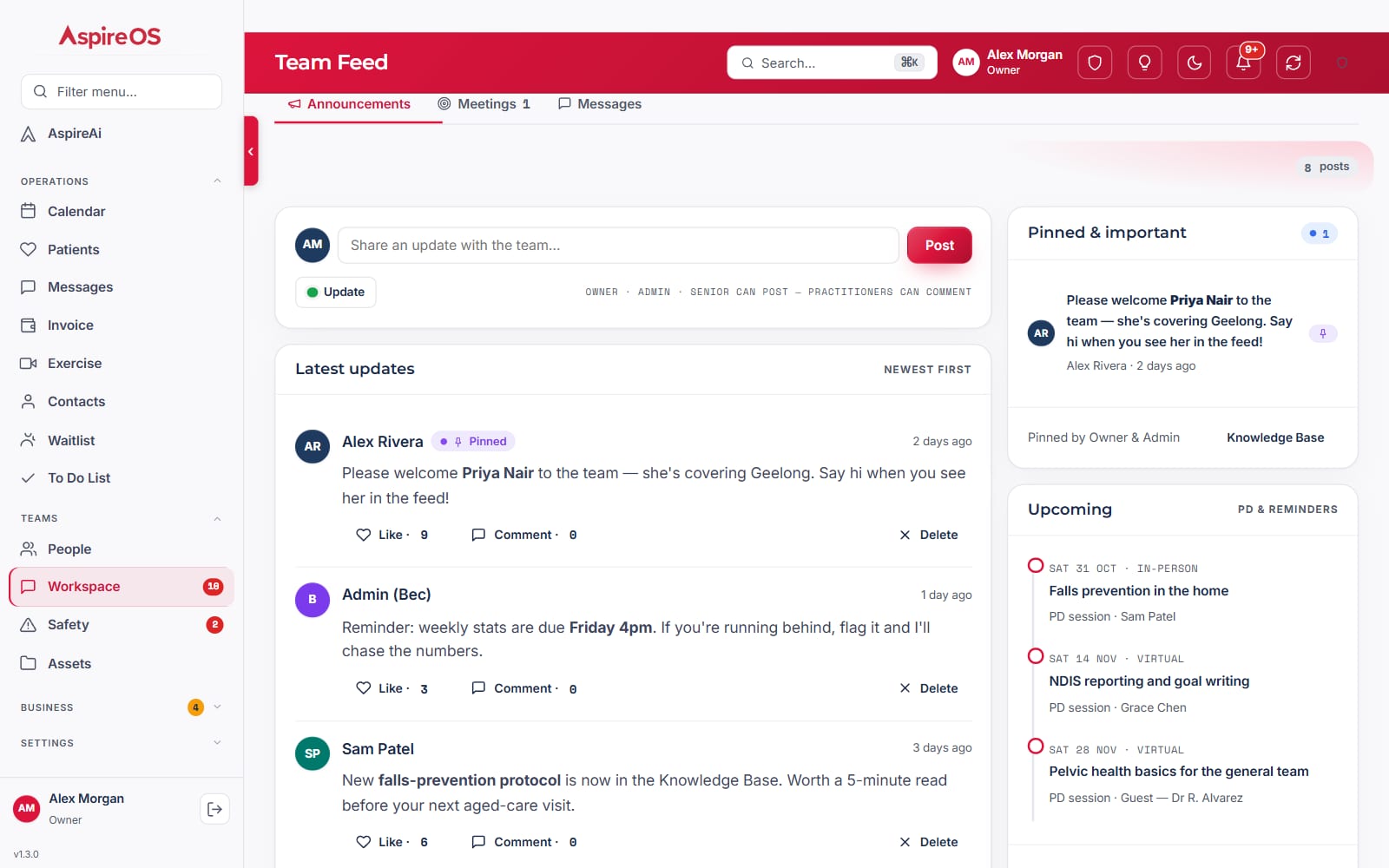 The Team Feed: a post box, the latest updates with likes and comments, a pinned notice and the upcoming professional development sessions.