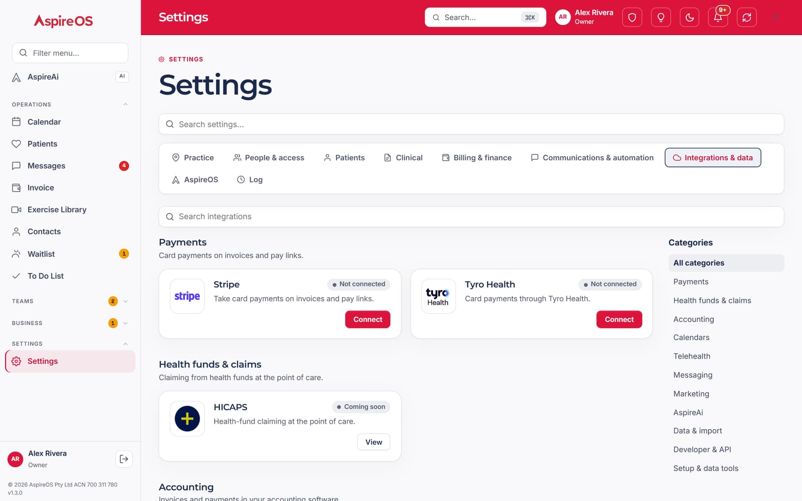 Settings › Integrations & data: connections grouped by category, each with its status and one button.