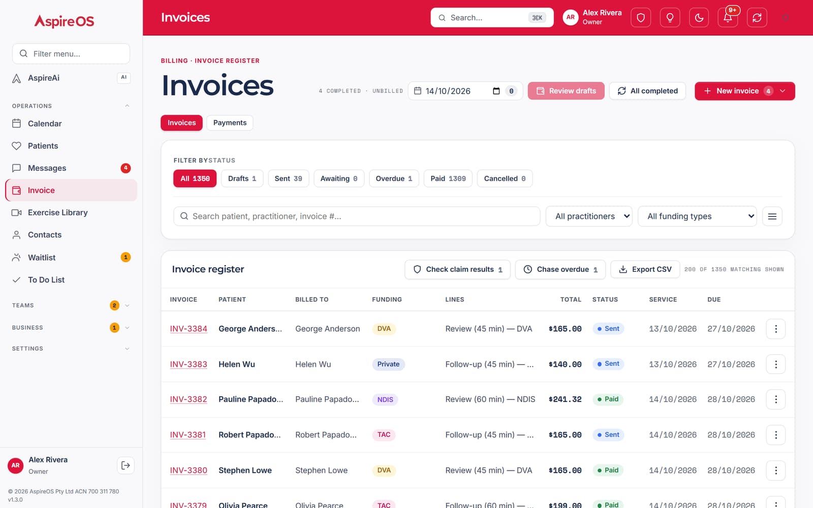 The invoice register: most invoices paid and one overdue, with funding type, total and status on each.