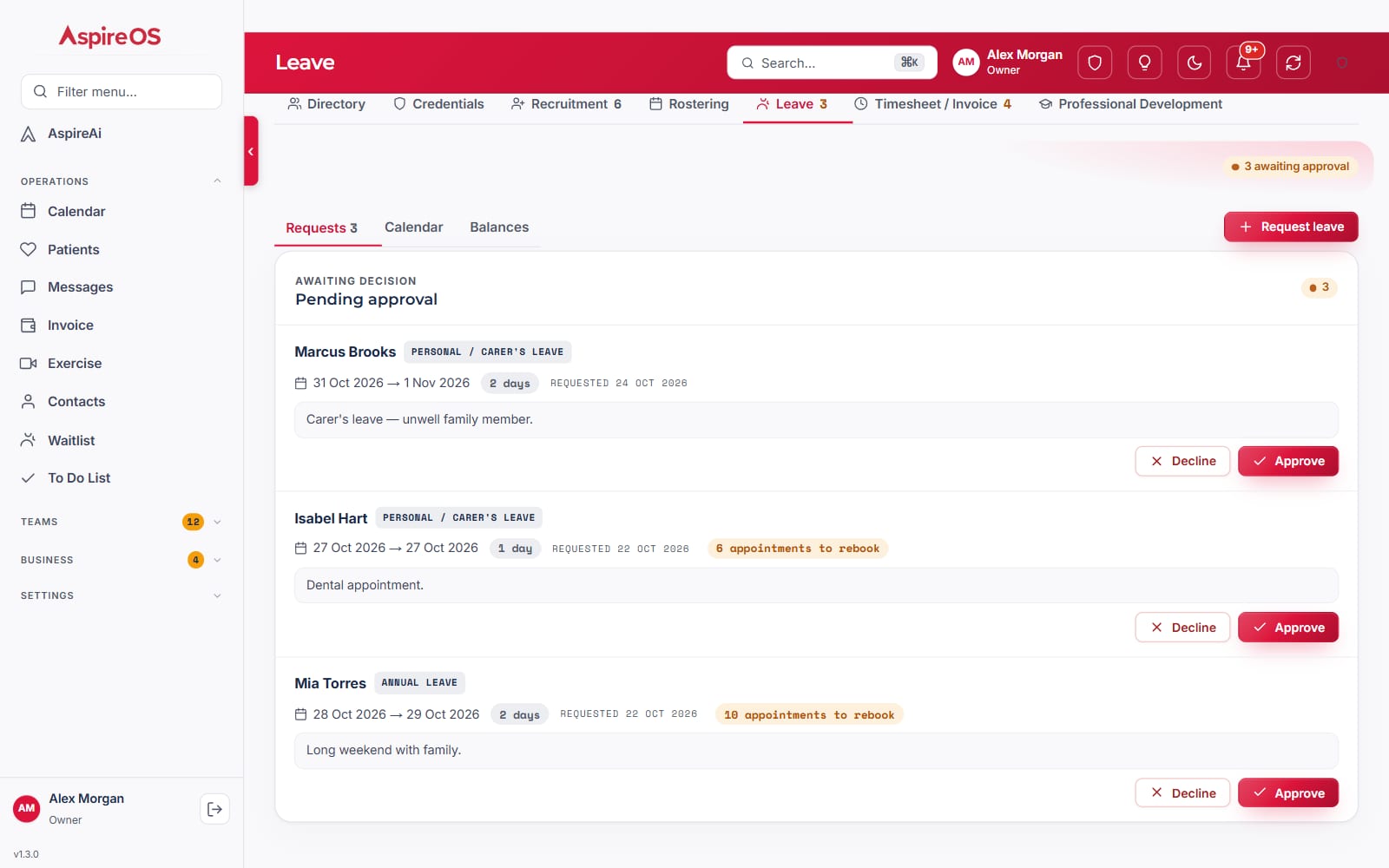 Leave requests awaiting approval, each with the dates, leave type, the days asked for, the number of appointments to rebook and Decline and Approve buttons.