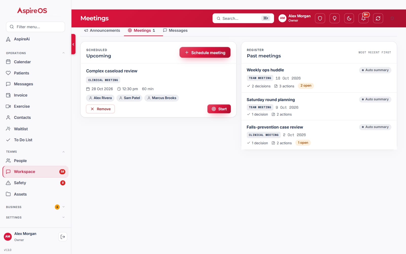Meetings: an upcoming meeting with its attendees and a Start button, beside the past meetings with decision and action counts and automatic summaries.