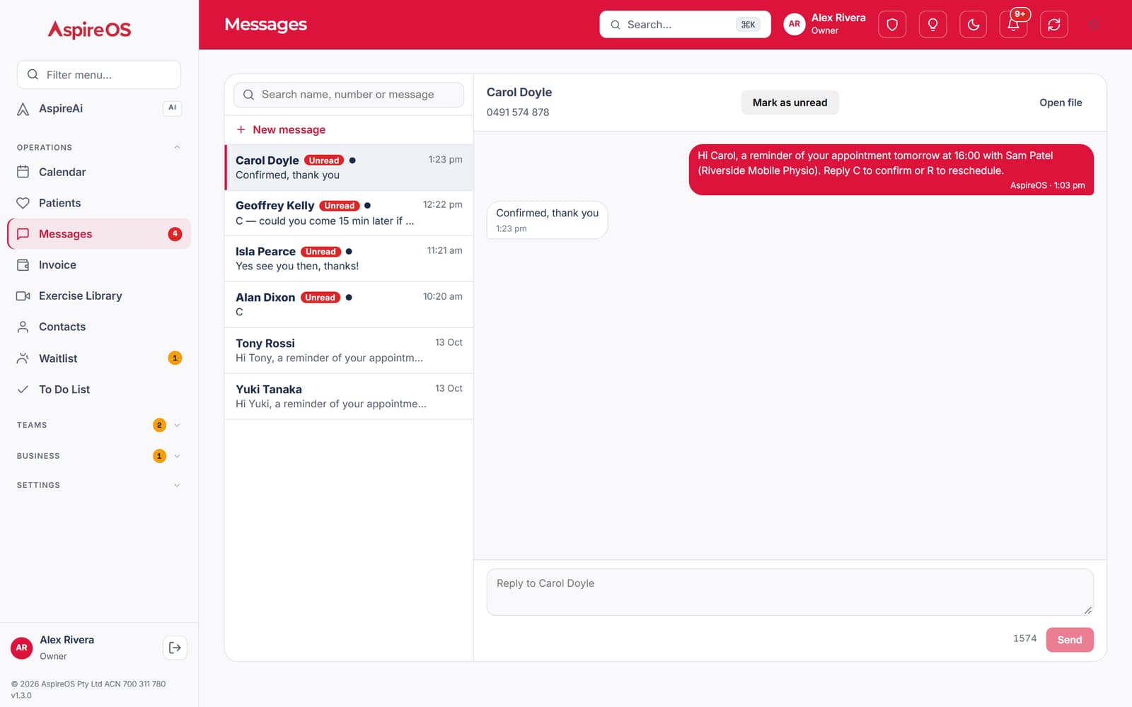 The Messages inbox: patients' text replies to appointment reminders, one conversation open with the reminder and the patient's confirmation.