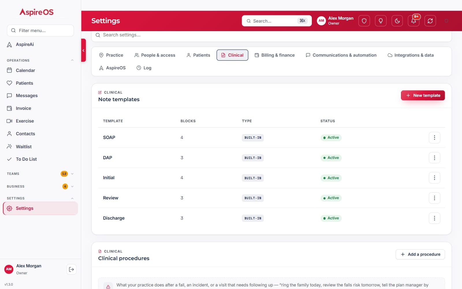 Settings › Clinical › Note templates: the built-in SOAP, DAP, Initial, Review and Discharge templates with their block counts and a New template button.