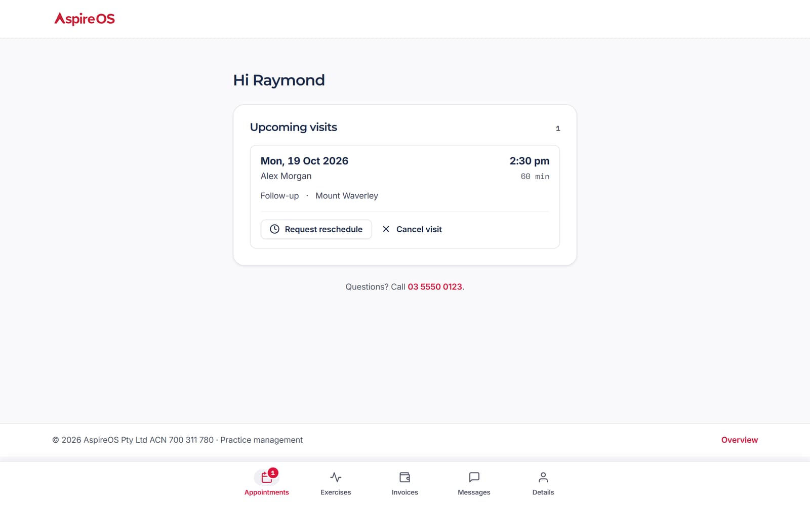A patient's portal: the next visit with Request reschedule and Cancel visit, past visits, and tabs for exercises, invoices, messages and details.