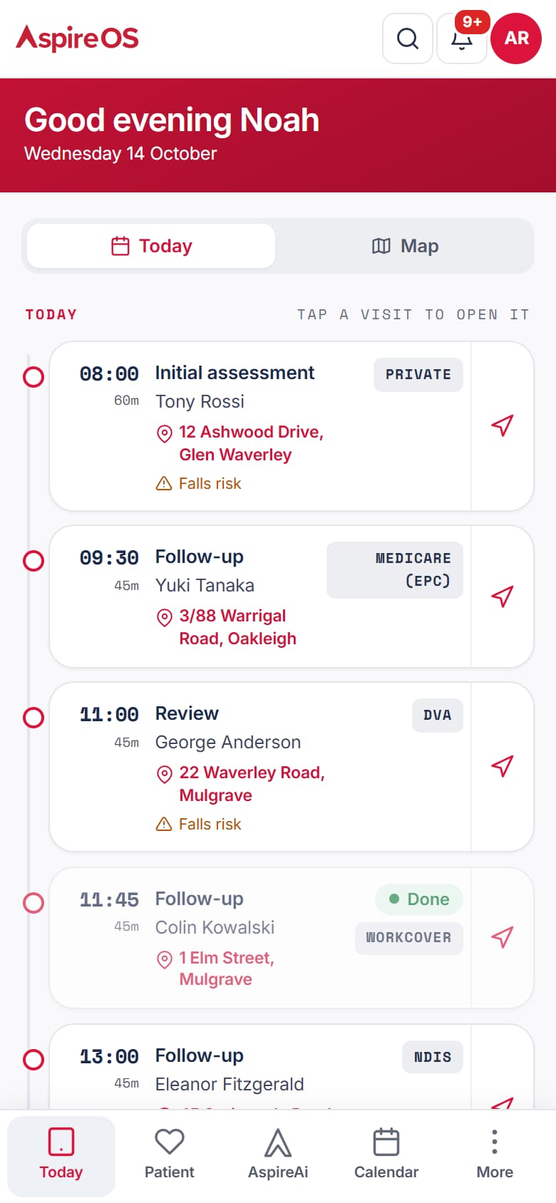 The phone app's Today screen: a practitioner's visits for the day with times, services, patients, addresses and alerts, above the tab bar.