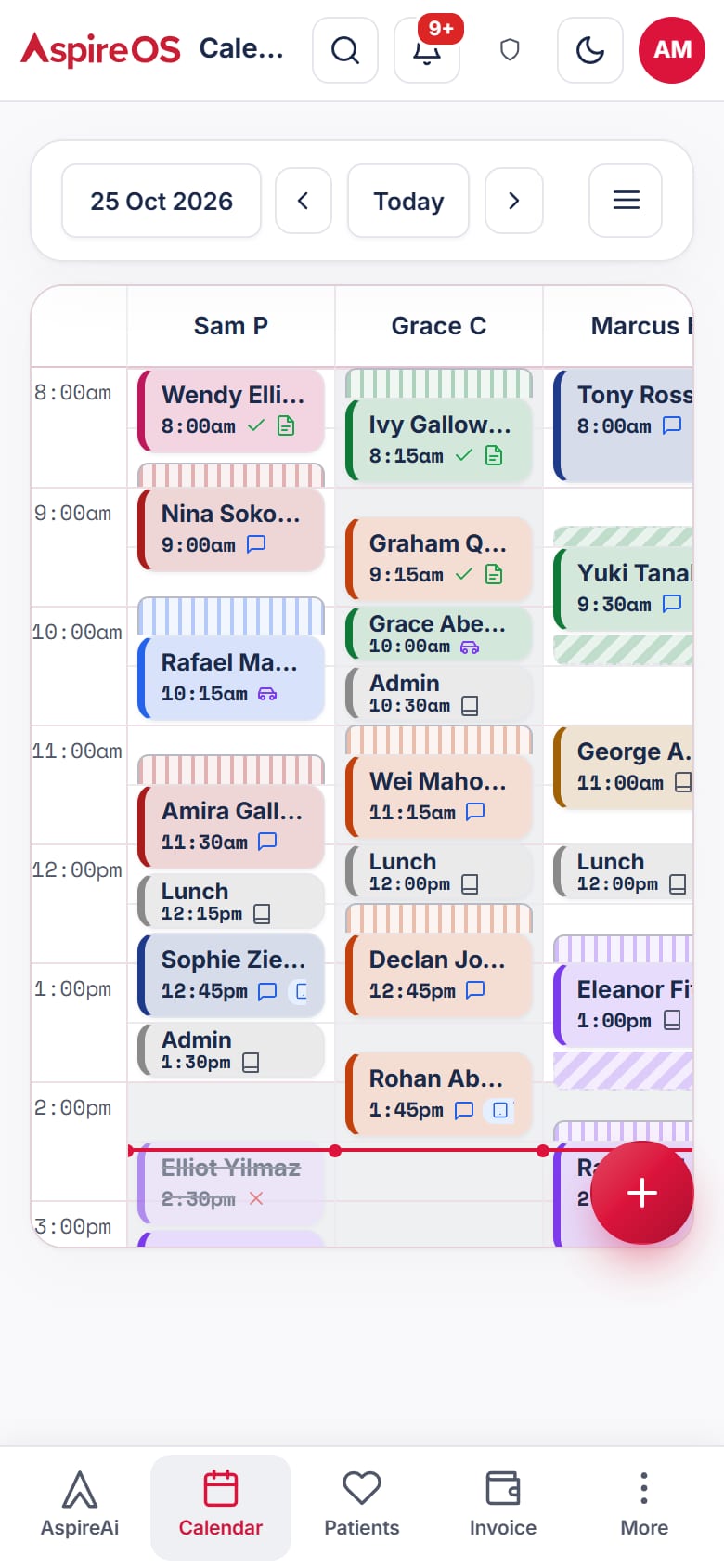 The phone app's calendar in day view: a column per practitioner with the day's visits coloured by service and a button to add a booking.