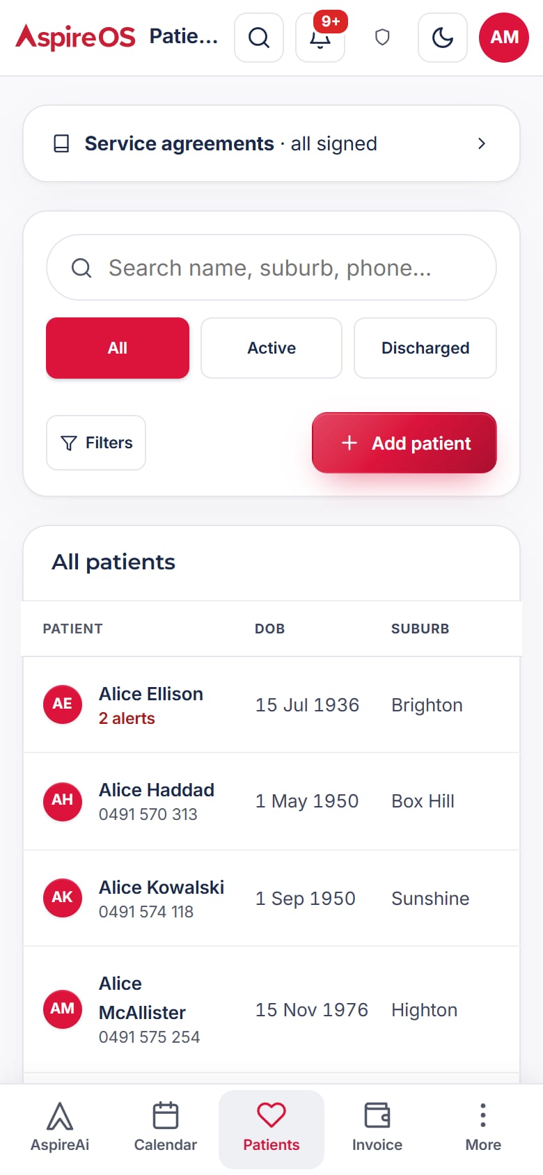 The phone app's patient list: search, All, Active and Discharged tabs, filters, an Add patient button and patients with their suburb.