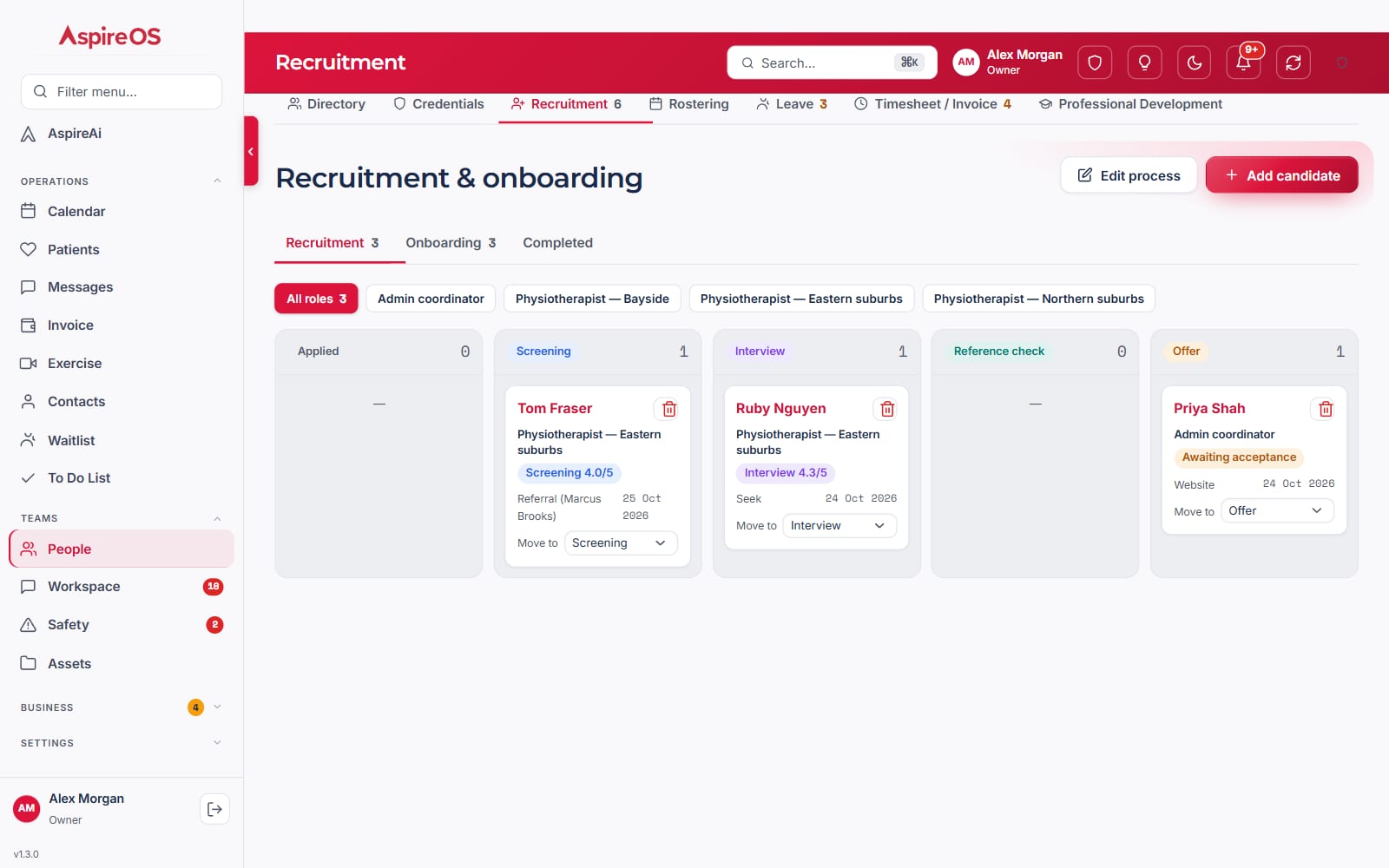 The hiring board with columns from Applied through Screening, Interview, Reference check and Offer, and a candidate card in each stage.