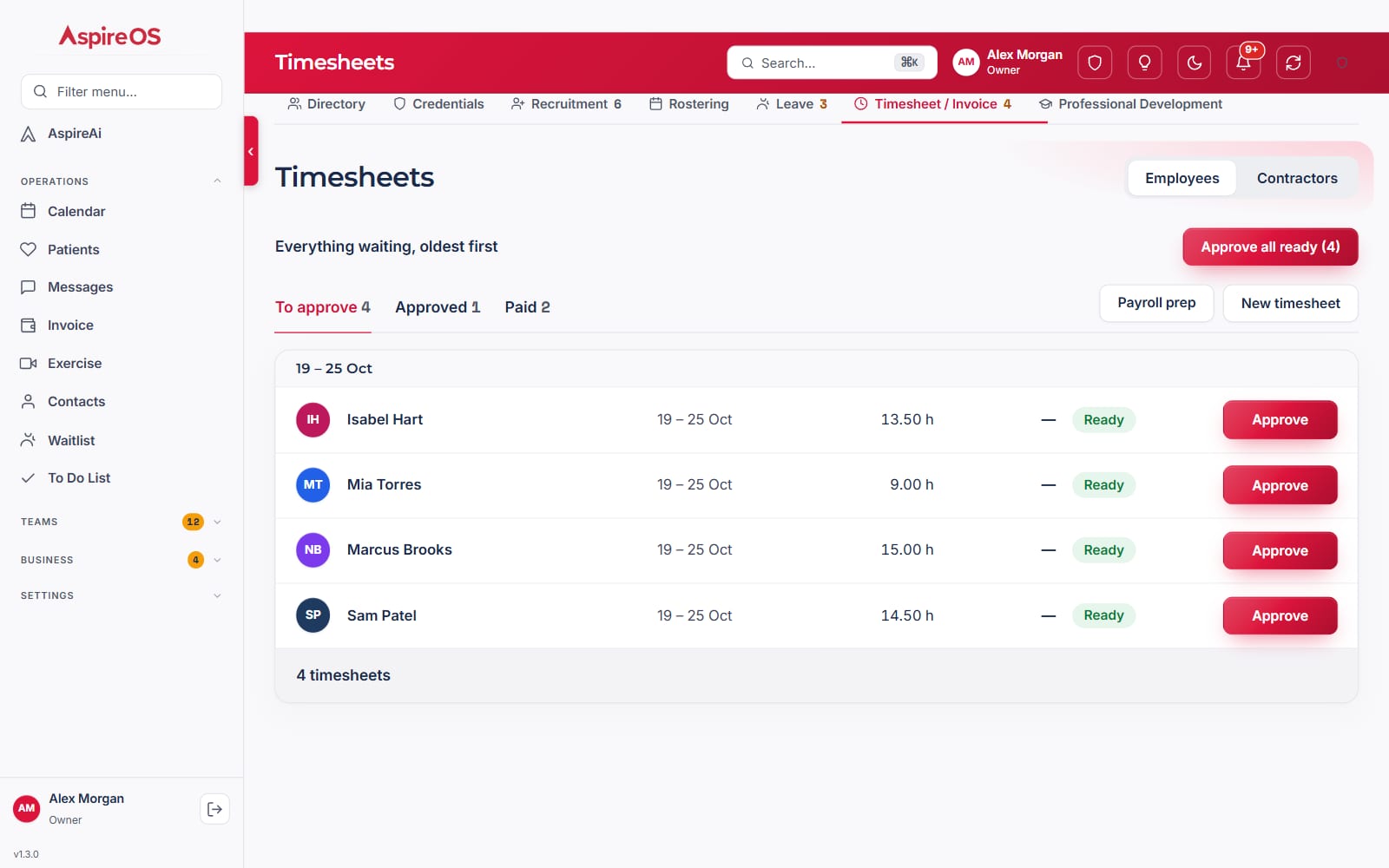 Timesheets to approve for the week of 19 to 25 October: each employee's hours, a Ready status and an Approve button, with Approve all ready and Payroll prep.