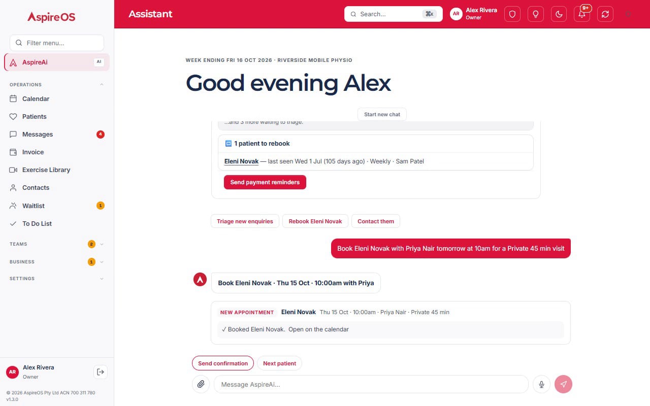 Booking from the AspireAi chat: a request to book a patient tomorrow at 10am, the booking form in the chat, one press, and the card shows Booked.